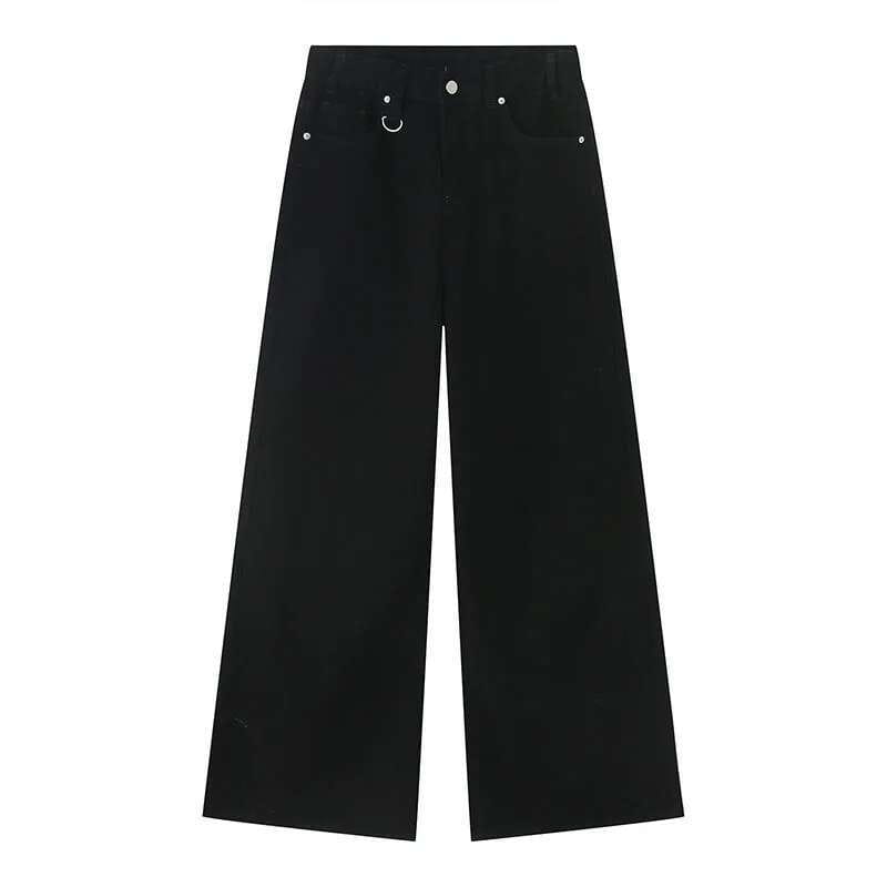 Black wide-leg denim jeans by Iefb with a high waist, silver-toned metal buttons, and a distinctive circular ring detail at the front.