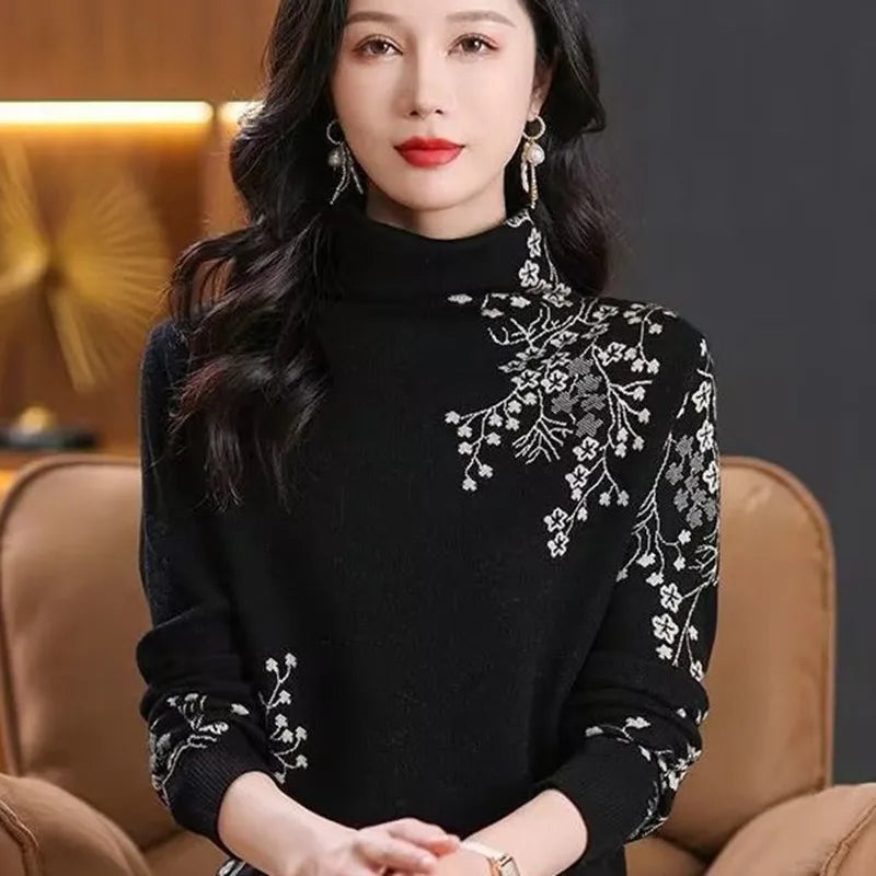 Winter Clothes Woman Vintage Print Woolen Shirt Spring Autumn Turtleneck Warm Knitwear Jumper Turtleneck Pull Women's Sweater