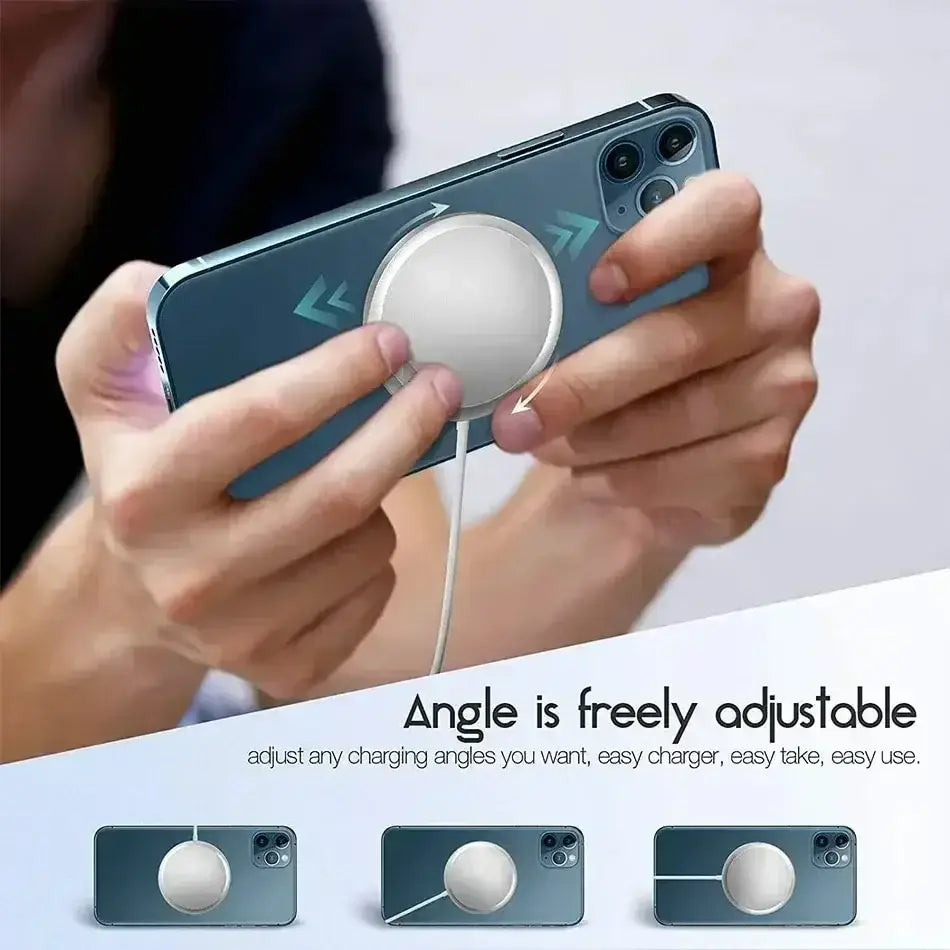 Ein silberner runder magnetischer kabelloser Ladegerät mit verstellbarem Winkel und weißem Ladekabel, ausgelegt für die magnetische kabellose Ladung des iPhone Pro Max.