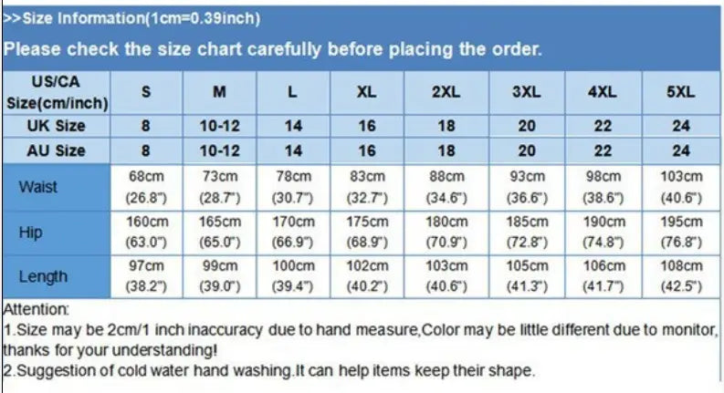 Size chart for a pleated high waist maxi skirt displaying US CA UK and AU sizes with corresponding waist hip and length measurements.