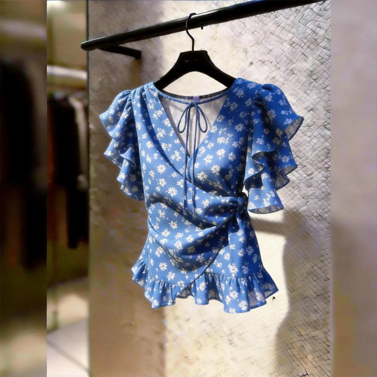 Chic Elegant Women Wrap V Neck Chiffon Blouse Blue Ditsy Floral Print Ruffle Flutter Sleeve Side Ruched Waist Frill Hem Crop Top