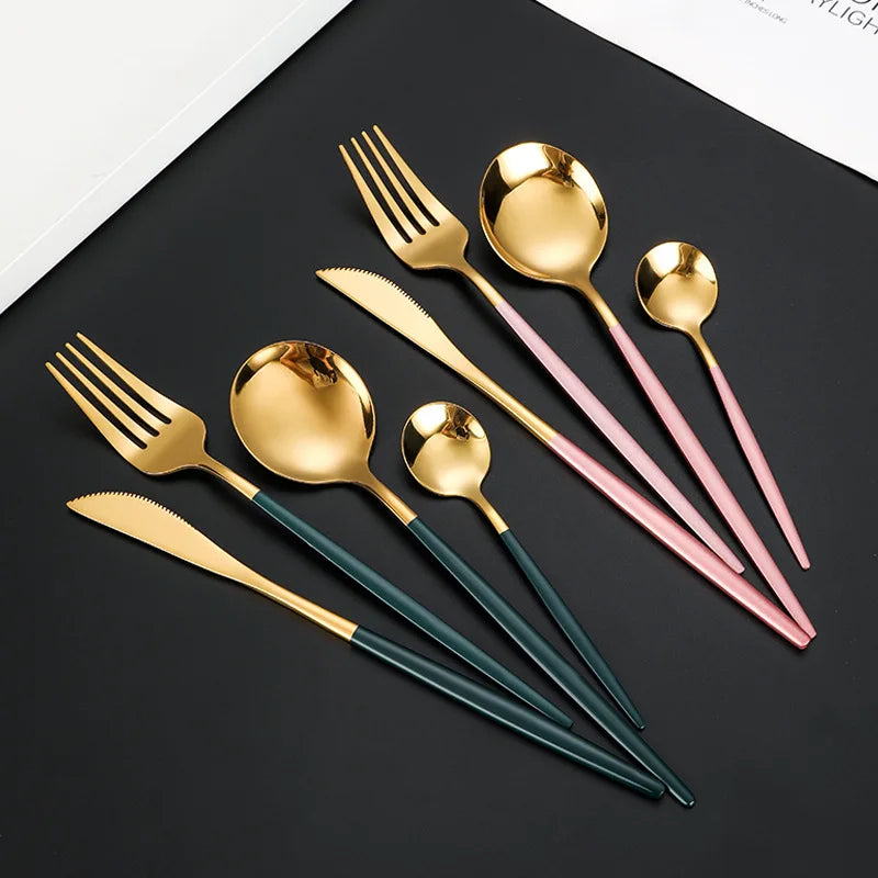 4/24pcs Stainless Steel Tableware Set, Luxurious Gold and Powder, Including Knife, Fork and Spoon, Suitable for Parties.