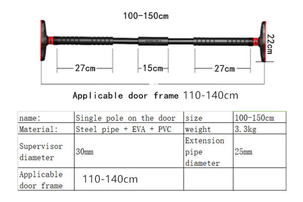 Barre de traction pour porte ajustable pour le fitness à domicile, noire et rouge, avec des composants en tuyau d’acier, en EVA et en PVC.