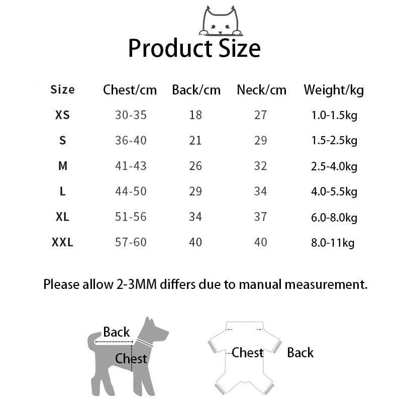 tabla de medidas del producto para ropa de perro de forro polar con temática de dinosaurio, modelo para perro pequeño, con detalle de mono, con medidas en centímetros y kilogramos para perros pequeños en tallas desde XS hasta XXL para ropa de mascotas.