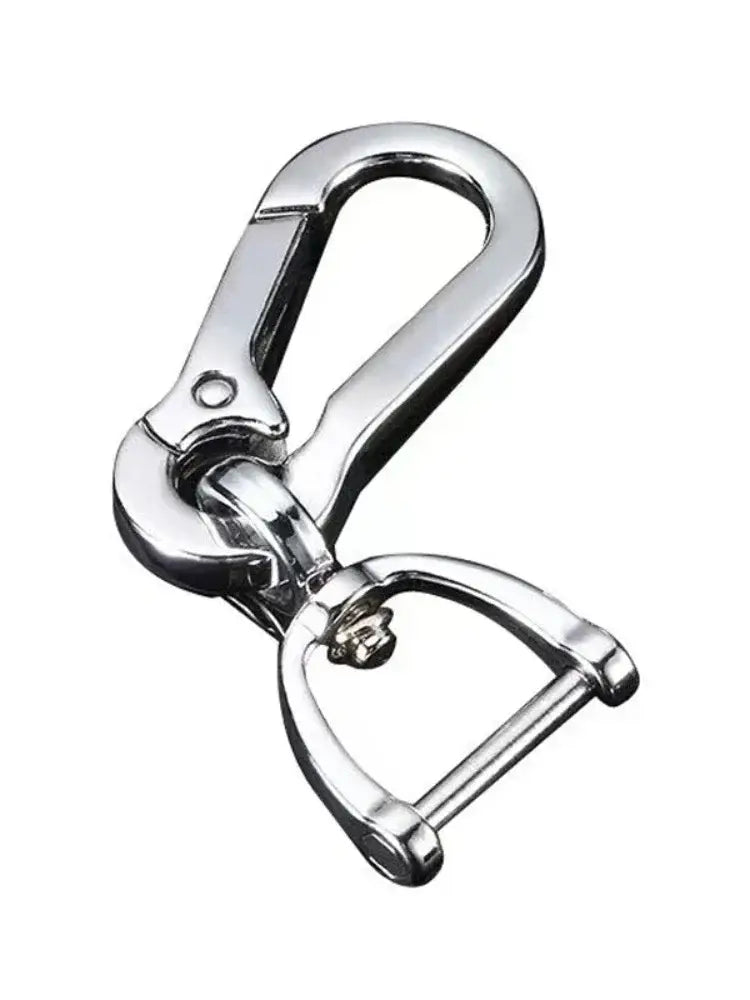 Shiny silver stainless steel carabiner car keychain with an attached horsebit-style ring.
