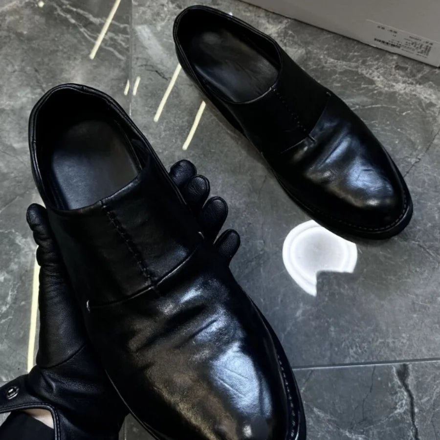 Black Leather Vintage Men's Dress Shoes Washed Effect Upturned Round Toe Slip On Loafers Casual Business Formal Low Heel Shoes
