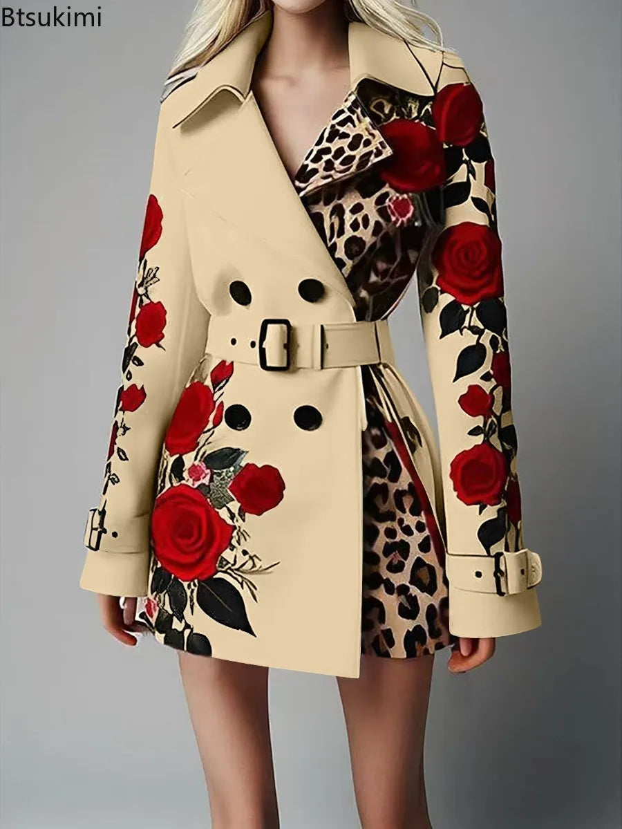Women's Chic Trench Coat Red Rose Leopard Print Double Breasted Belted Lapel Long Sleeve Outerwear Winter Female  Casual Jackets