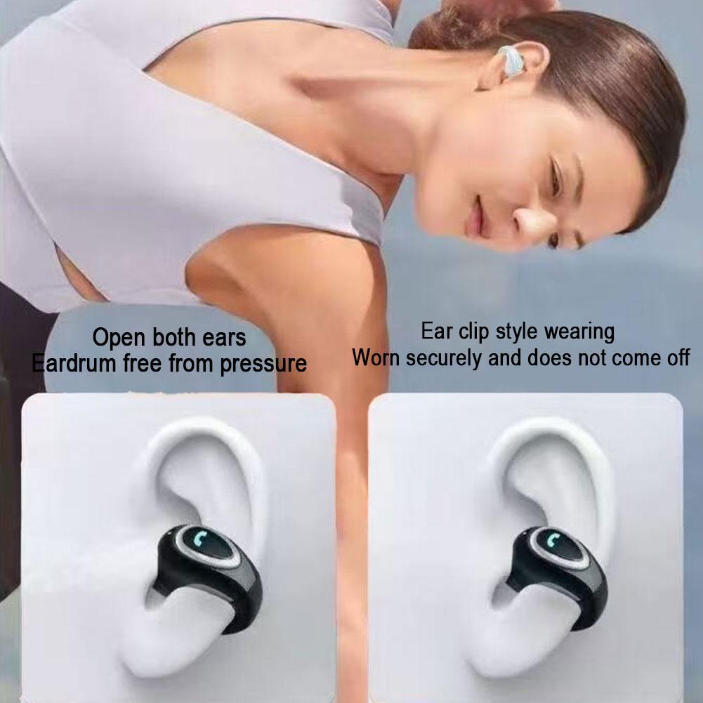 black and silver open ear clip on wireless bluetooth earbuds with a sleek curved design