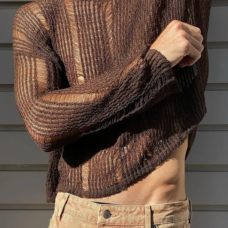 Herren-Braun mit durchscheinendem Strick, Longsleeve-Top, mit einem braunen Rippstrickstoff mit strukturierter halbtransparenter Ausführung und langen Ärmeln.