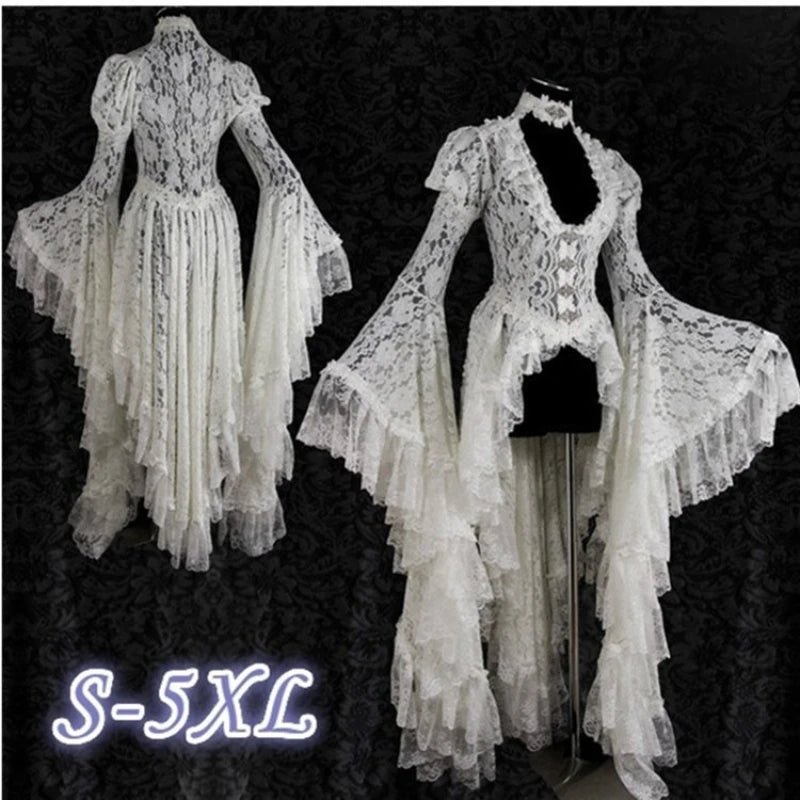 Medieval Party Dress Women Long Dresses Night Evening Gown Vestidos V Neck Flare Sleeve Elegant Y2k Streetwear Lace Irregular