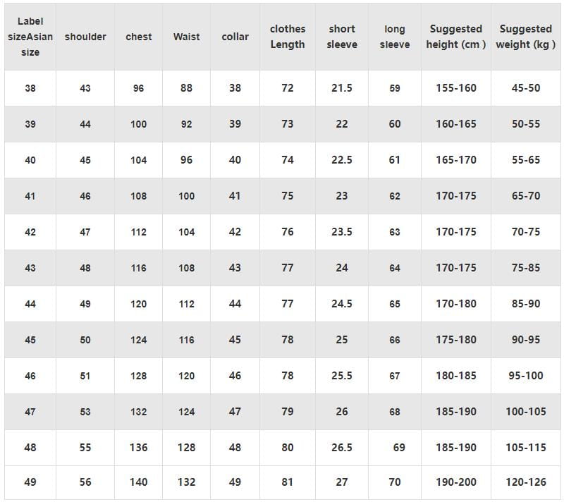 Asian size clothing chart displaying shoulder, chest, waist, collar, clothes length, short sleeve, long sleeve, suggested height and weight measurements for men long sleeve dress shirt anti wrinkle formal office white.
