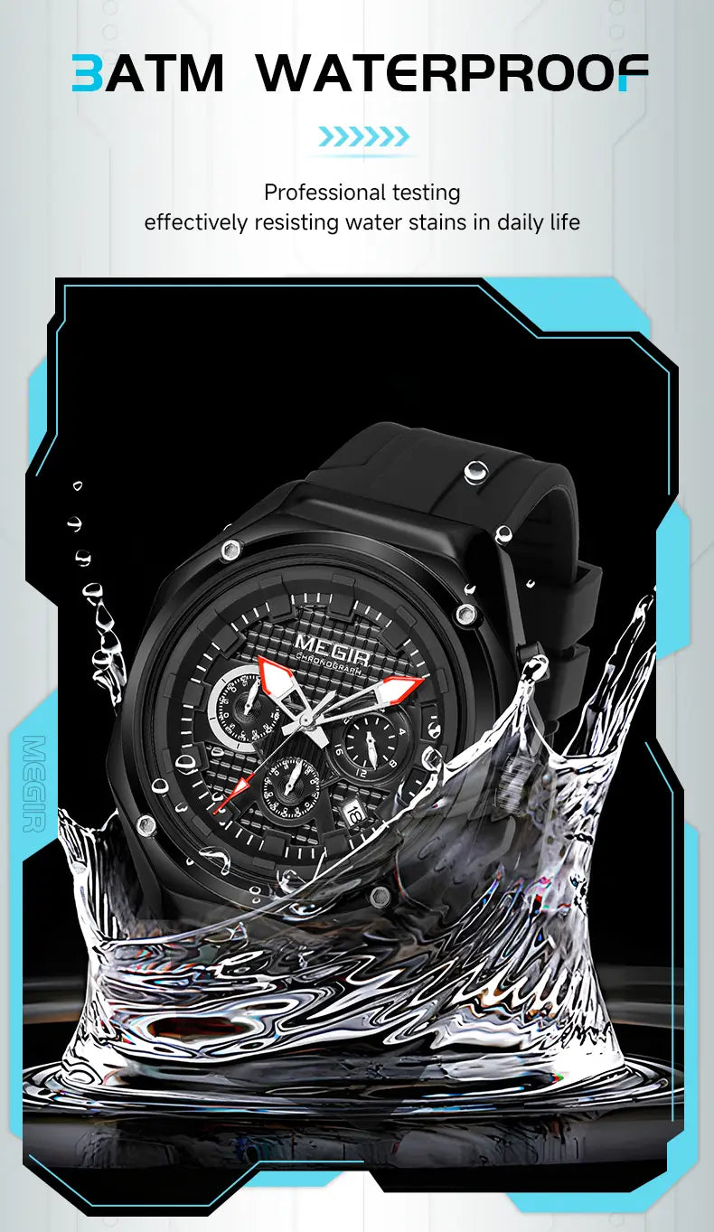 Black megir men’s sport chronograph watch with rugged multi-dial face red-accented hands and silicone strap designed for active use