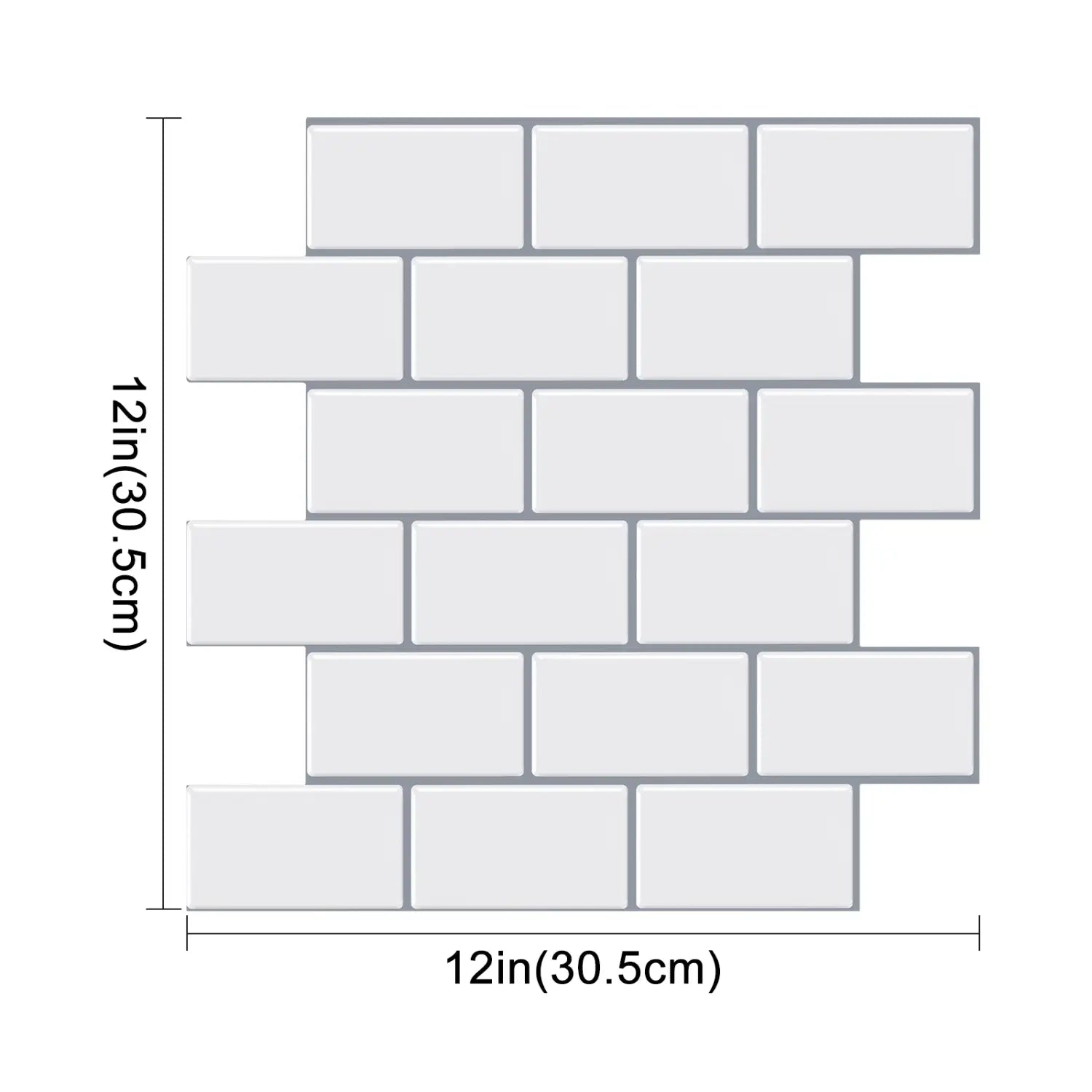 White rectangular glossy subway peel and stick backsplash tile mosaic measuring 12 inches by 12 inches designed for direct contact and easy application on fresh paint surfaces.