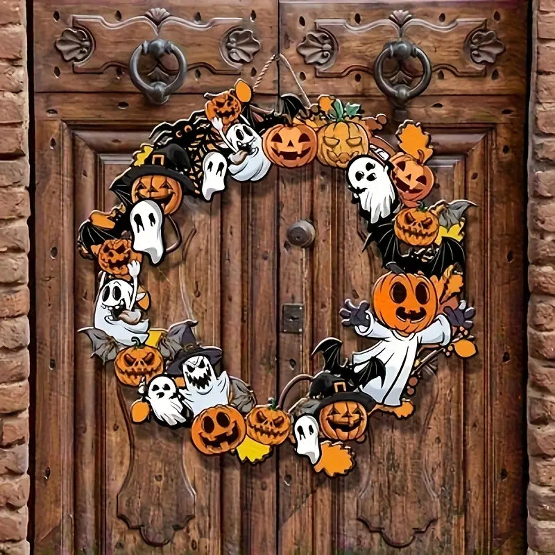 Une enseigne festive en bois pour citrouille d’Halloween et fantôme, suspendue, présentant des citrouilles orange sculptées, des découpes de fantômes blancs, des chauves-souris noires et des jack-o-lanterns souriants, dans un style ludique.