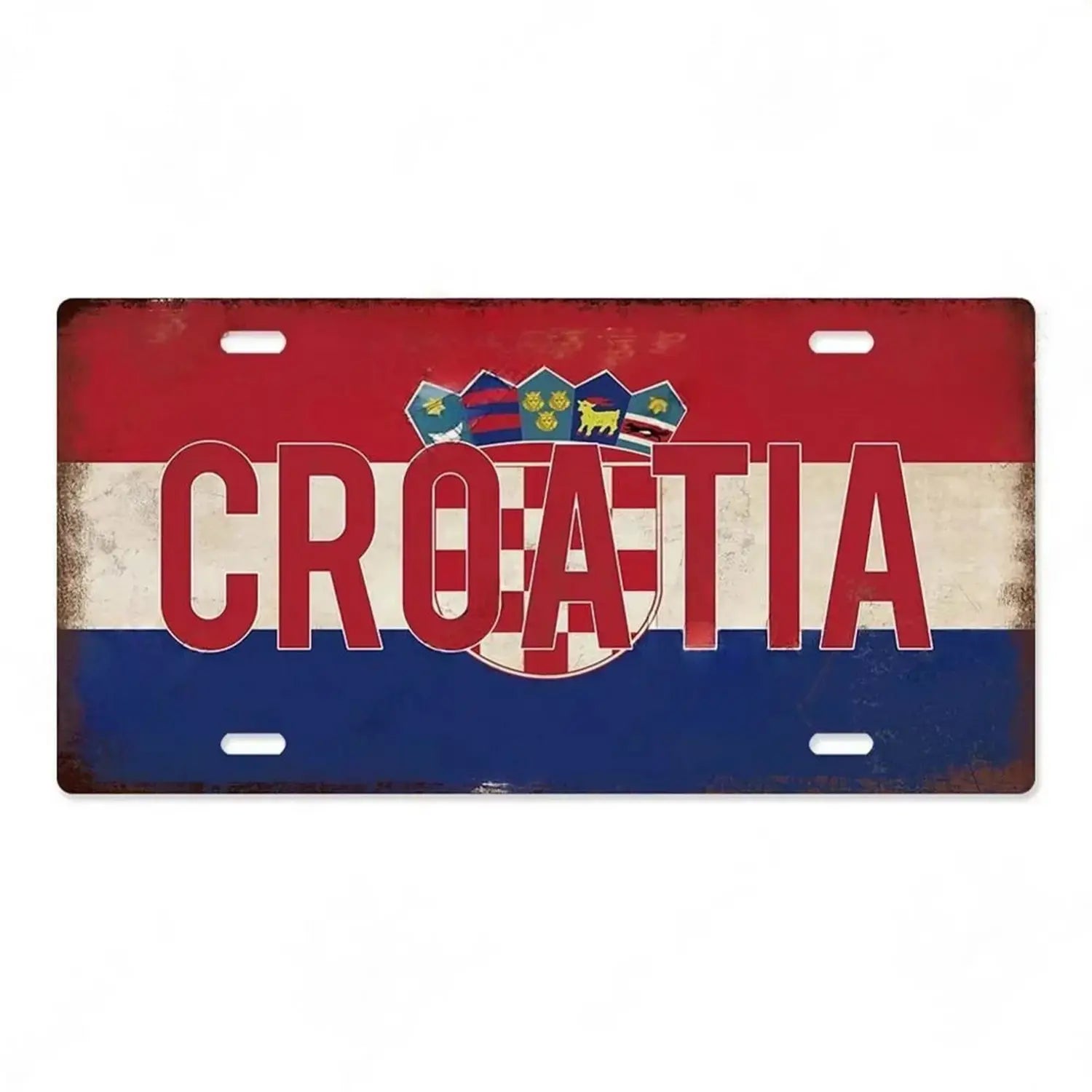 Rustic metal license plate featuring the Croatian flag with bold red lettering and a distressed vintage finish designed as India flag metal license plate vintage wall decor.