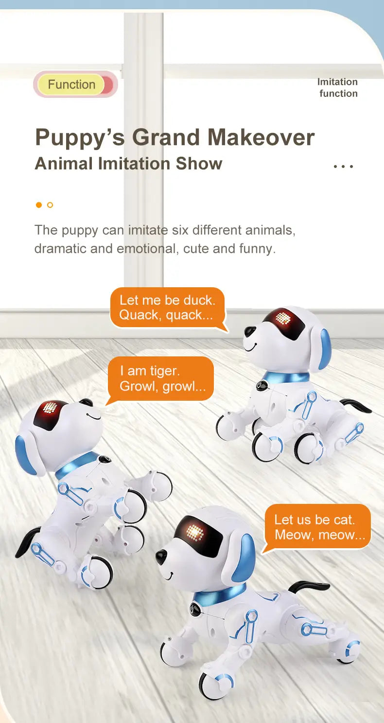 White robotic puppy with blue accents and wheels designed to imitate six different animals in the Rc Robot Dog Interactive Smart Electronic Stunt Pet.