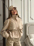 Women Lace Hem Cropped Trench Jacket Stand Collar Epaulet Gold Button Closure Drawstring Waist Coat Casual Ladies Outerwear