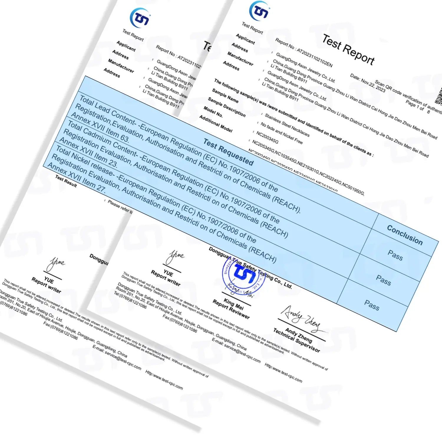 white and blue test report document with official seals and signatures verifying the stainless steel black opal necklace and earring set quality