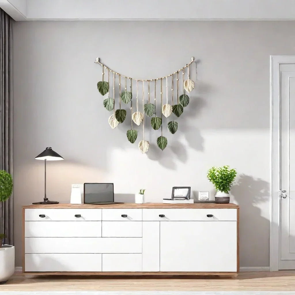 Boho Home Decoration, Macrame Tapestry Macrame Leaf Feather Wall Hanging Decor for Living Room Bedroom, Boho Wall Art Home Decor