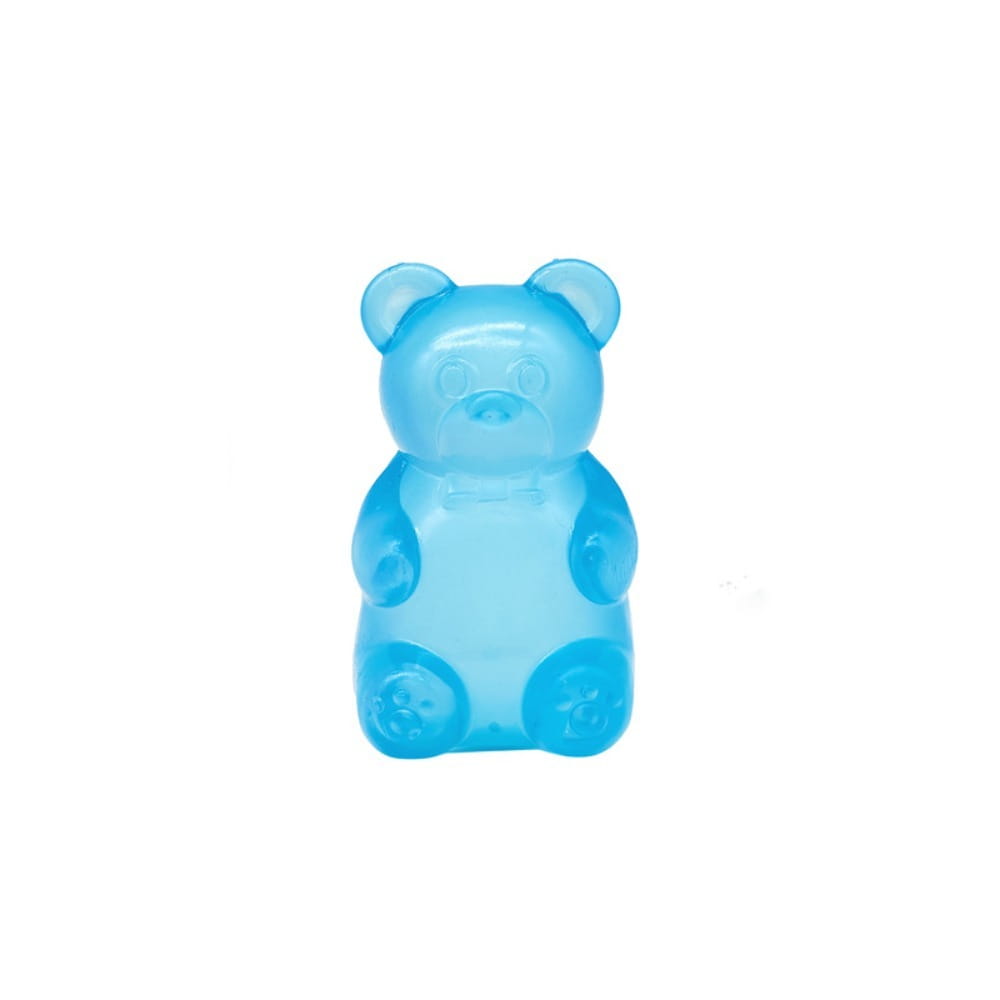 a translucent blue gummy bear-shaped figurine as a sensory fidget toy contrasting the pink gummy bear product title
