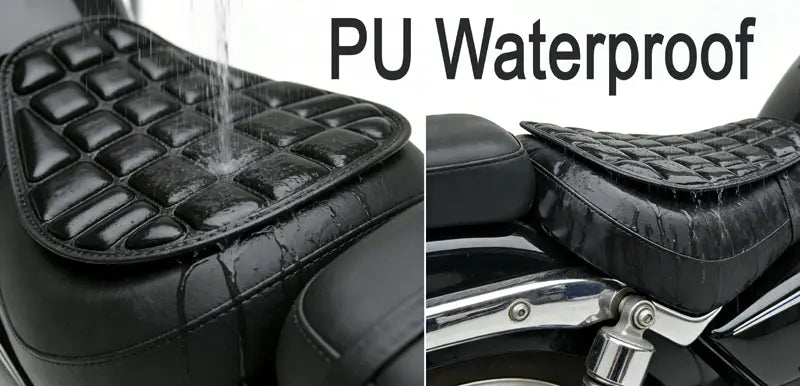 Black PU waterproof motorcycle seat pad with quilted diamond-patterned surface for motorcycle racing gloves breathable protective gear.