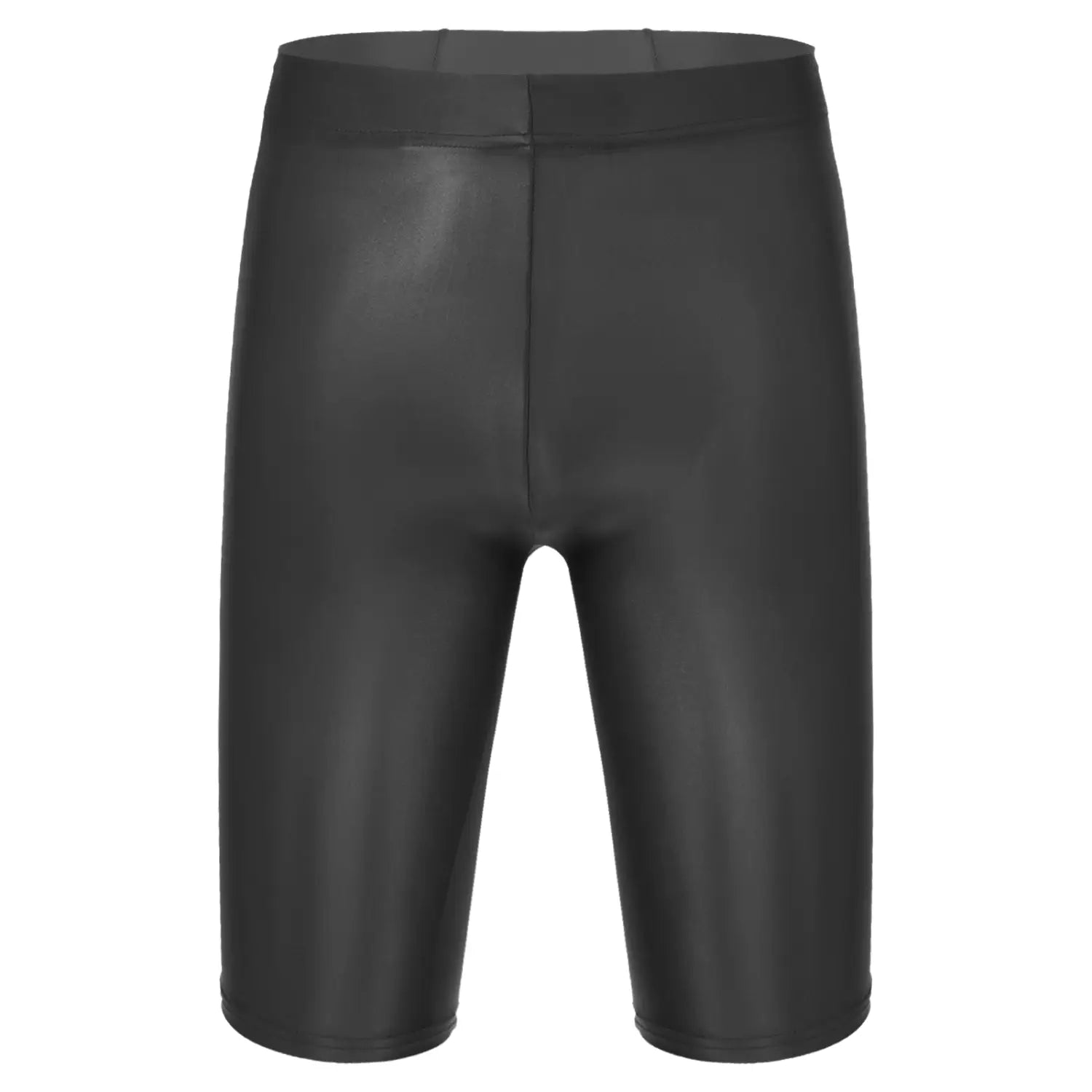 Shorts de bicicleta negros, de apariencia cuero sintético brillante, con diseño liso y ajustado, que complementan la camiseta de compresión para hombre de manga larga y acabado brillante para un look deportivo elegante