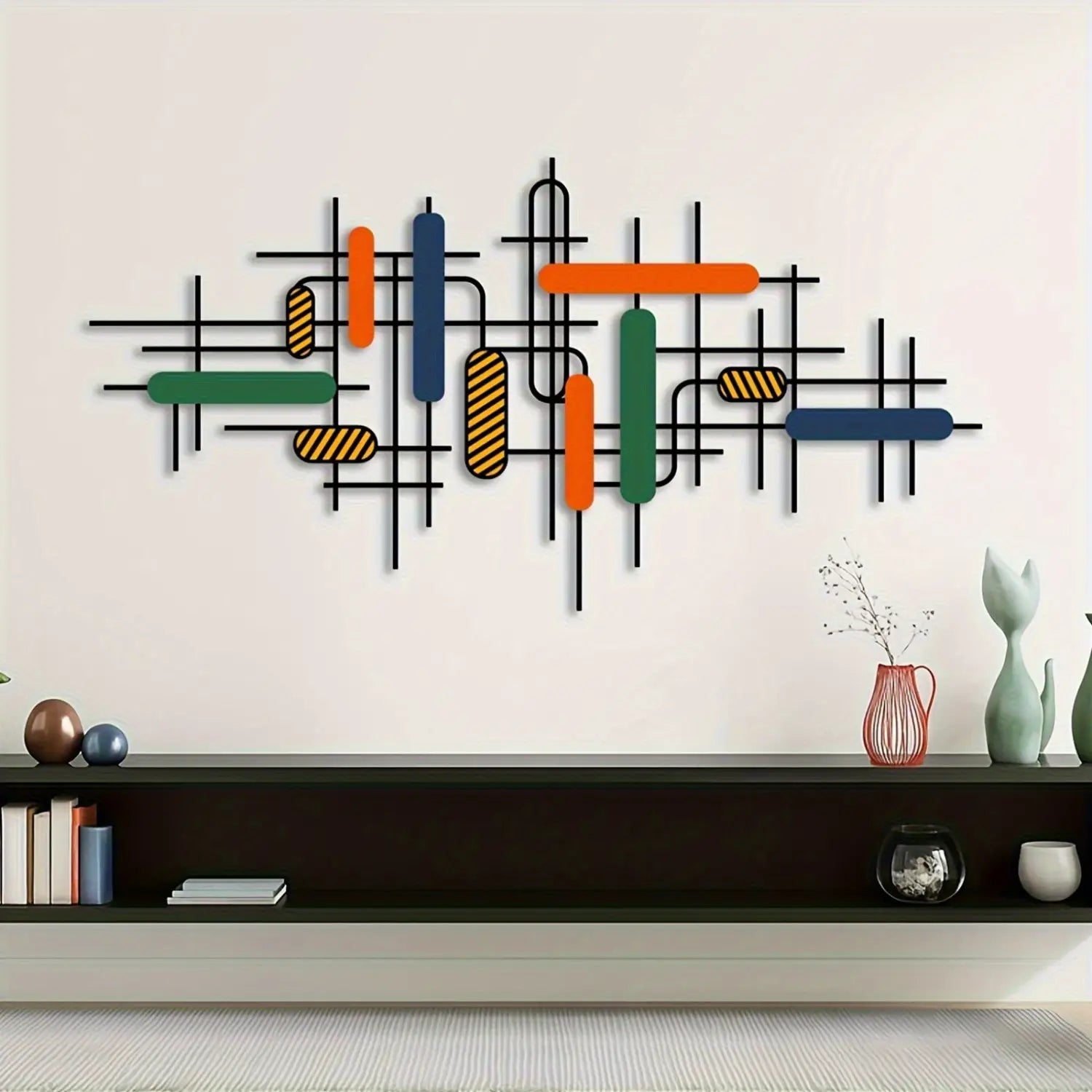 colorful geometric metal wall art features bold orange green and blue rectangular bars with striped accents mounted on a black metal grid as modern wall decor.