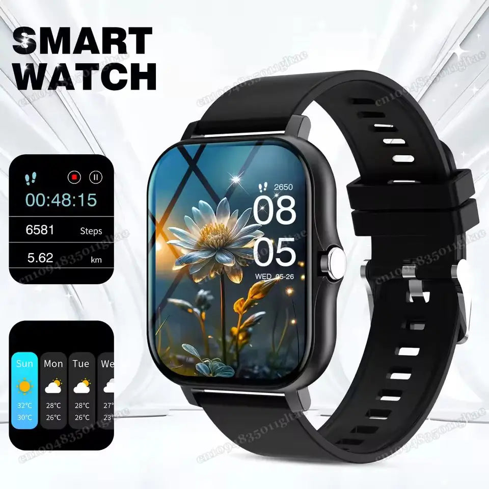 Reloj inteligente Bluetooth 2.01 HD para fitness con pantalla rectangular, color negro, que muestra un fondo floral y un bisel de acabado plateado.