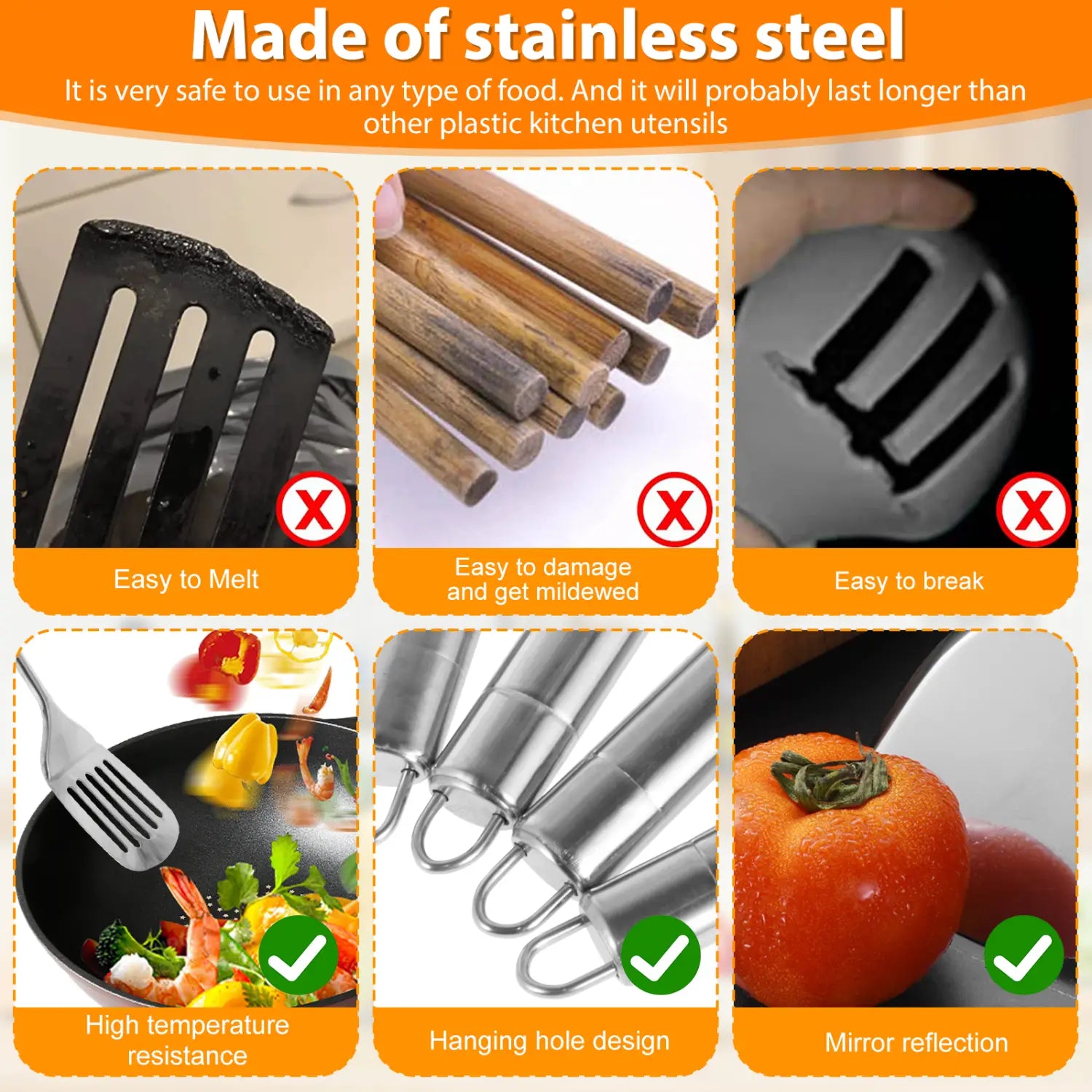Stainless steel cooking utensils set includes a stainless steel spatula with a sleek reflective surface and a handle featuring a hanging hole design.