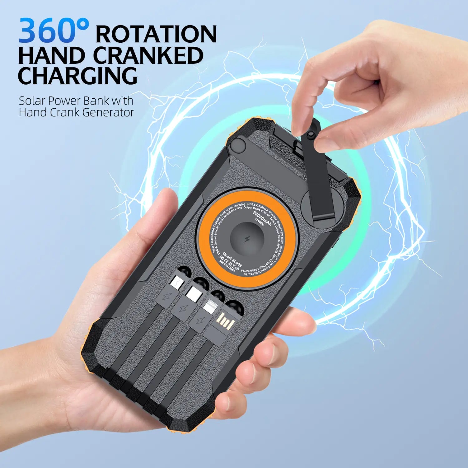 Schwarze robuste Solar-Powerbank mit Handkurbel-Generator und orangefarbenem kreisförmigem Ladeanschluss, ausgelegt für den Outdoor-Einsatz, mit 100000 mAh Kapazität.