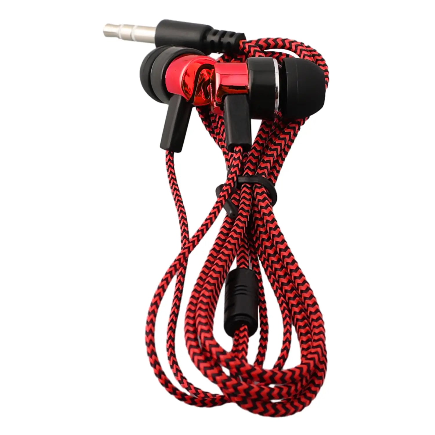 Une paire d’écouteurs intra-auriculaires stéréo filaires pour basses rouge et noir avec une conception de câble tressé et une prise jack 3,5 mm pour des performances audio améliorées