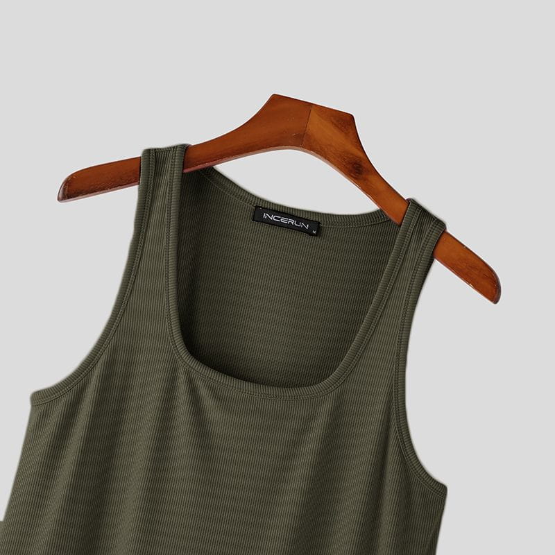 Olive green solid color men ribbed knit tank top with square neckline hanging on wooden hanger for casual wear available in sizes S to 5XL.