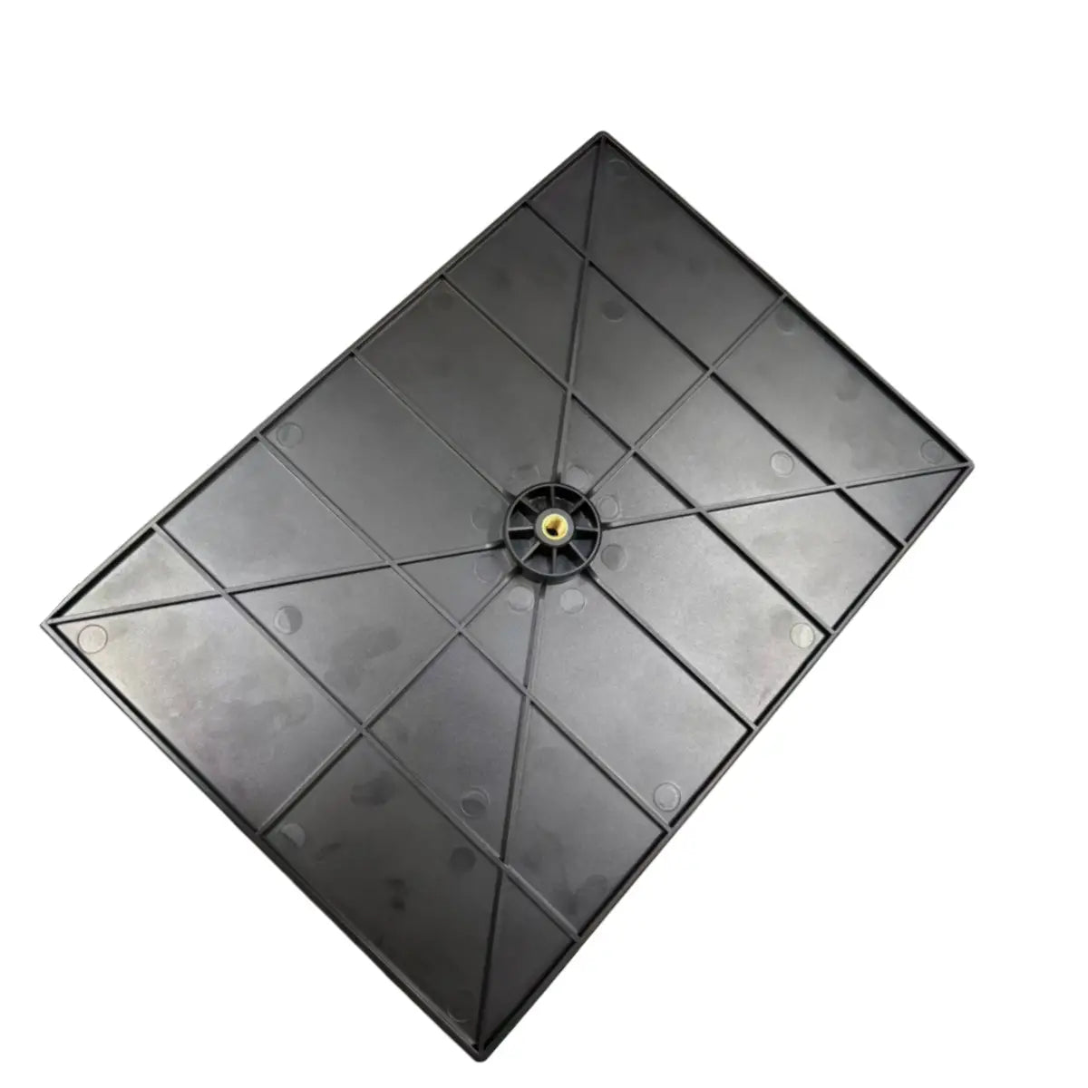 Bandeja para soporte de proyector de plástico negro con tornillo de adaptador de rosca de 1/4 central color latón y patrón de cuadrícula en la parte posterior