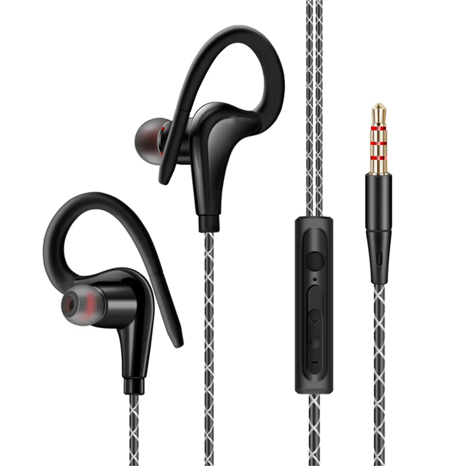 Black 3.5mm headphone wired sports earphones with mic featuring in-ear design, sleek curved hooks, and braided silver-gray cable for secure fit and durability.