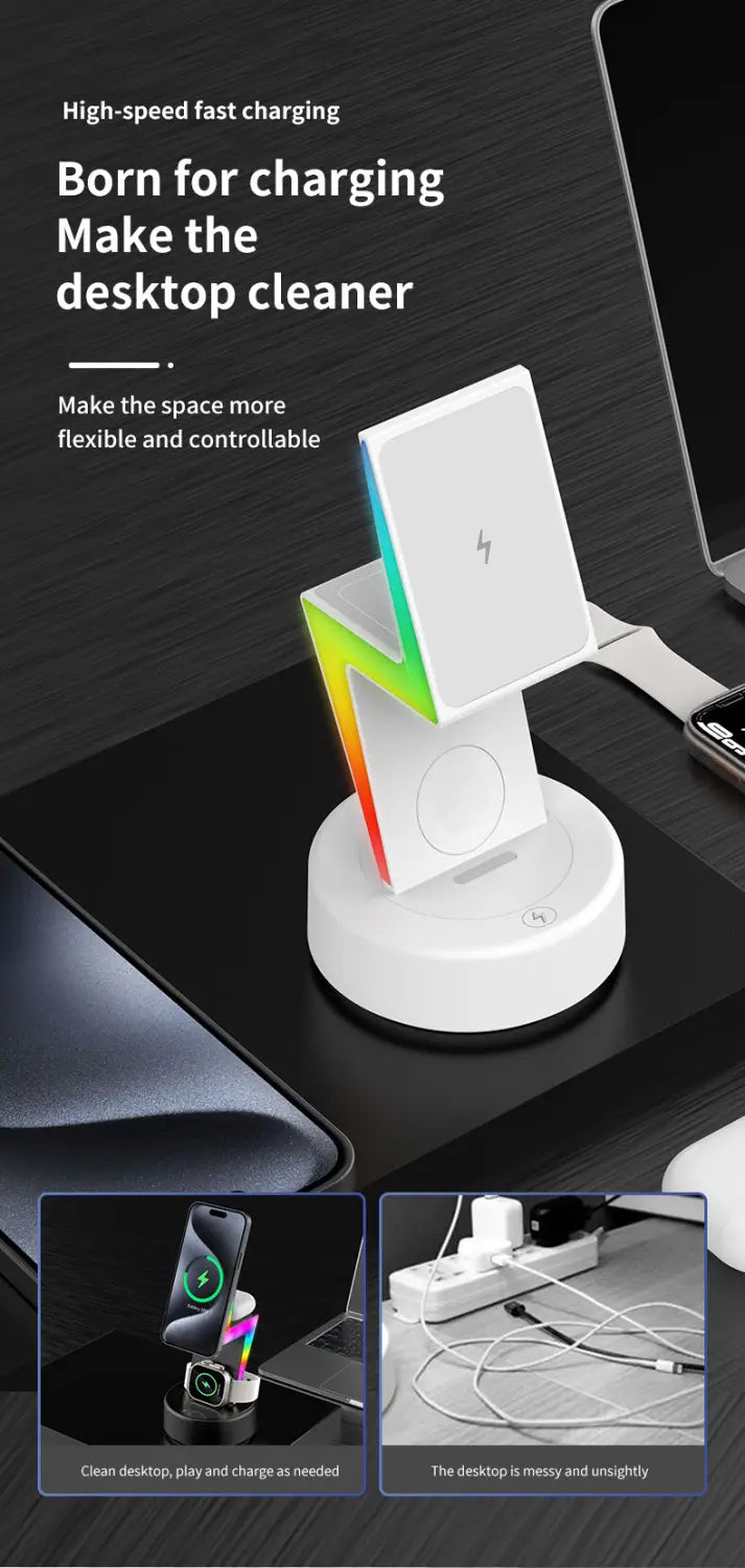 white wireless charging 3 in 1 rgb stand magnetic featuring a colorful lightning bolt design and circular base with enhanced wireless charging output power.
