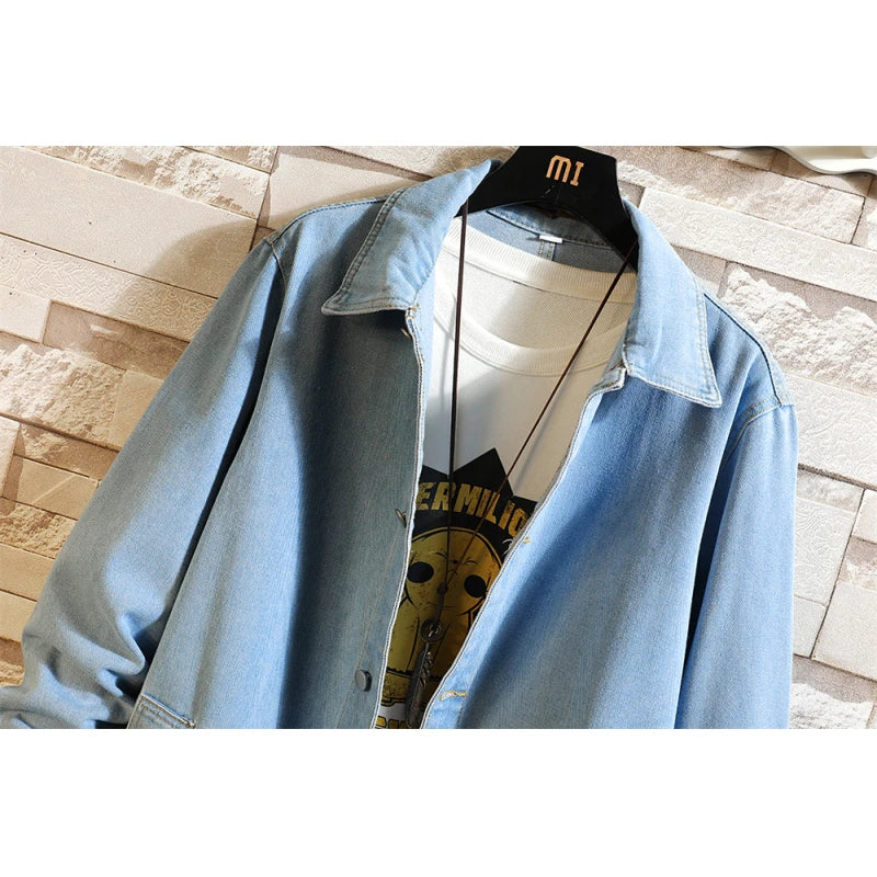 High Street Men's Trench Coat M-5XL Long Style Washed Retro Blue Black Denim Jacket Vintage Outerwear for Spring Autumn