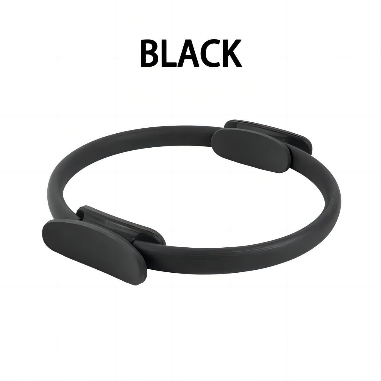 Black rubber Pilates ring with smooth matte finish and adjustable clasp mechanism from a 5-piece Pilates ring and resistance band set.