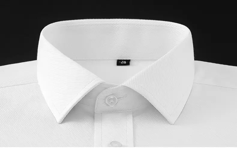 Men plus size white cotton long sleeve formal dress shirt collar with a subtle textured weave and crisp clean lines.