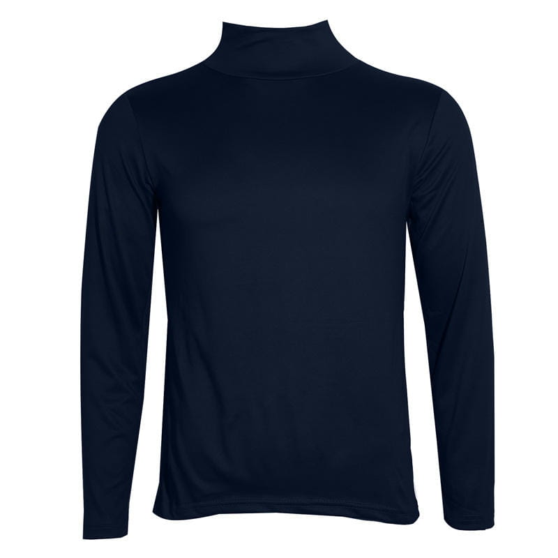 Marineblaues Herren-Thermo-Rollkragenpullover Slim Fit Langarmshirt von hinten dargestellt mit weichem Thermostoff für kaltes Wetter.