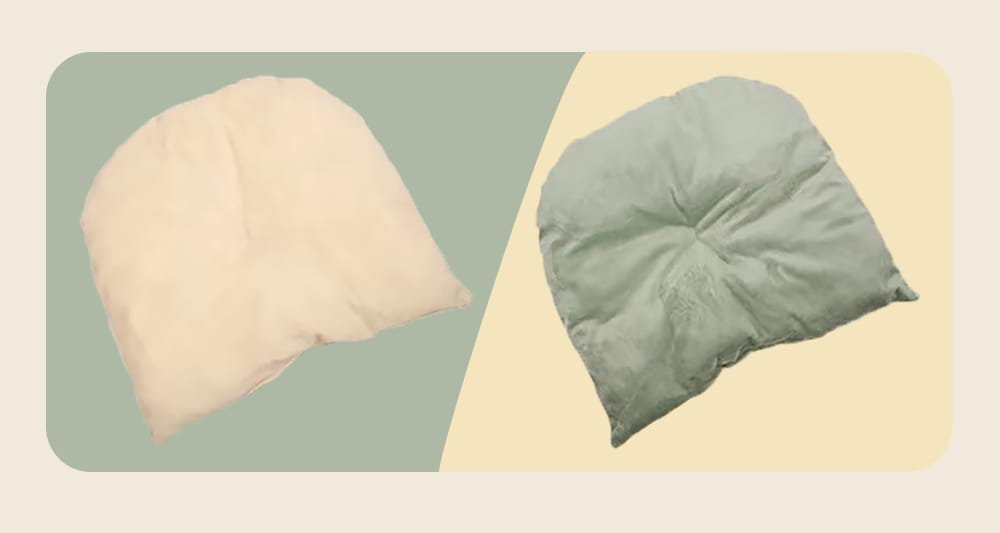 Beigefarbene und gedämpft grüne Kissenbezüge mit weicher Plüschtextur und dezenten Details der Ziernähte für eine waschbare Plüsch-Cat-Cave-Bett-Schlafmatte für Haustiere.