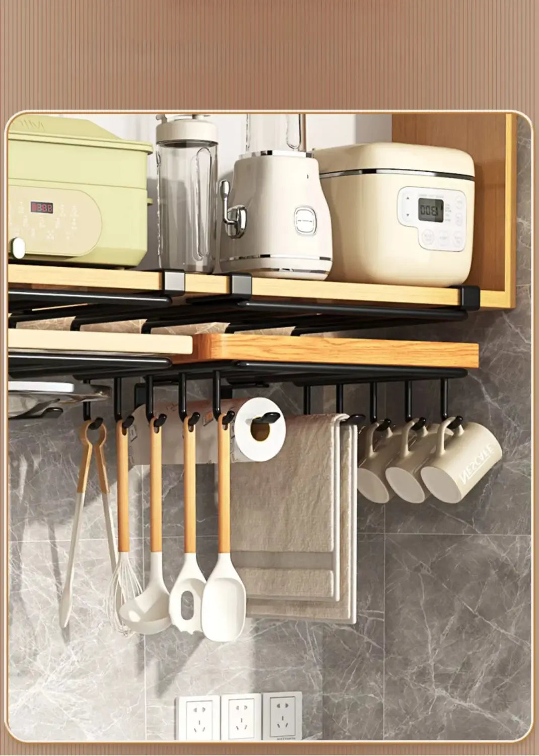 black metal under shelf basket storage rack with wooden shelves and hooks holding kitchen utensils mugs and paper towel roll for cabinet organization