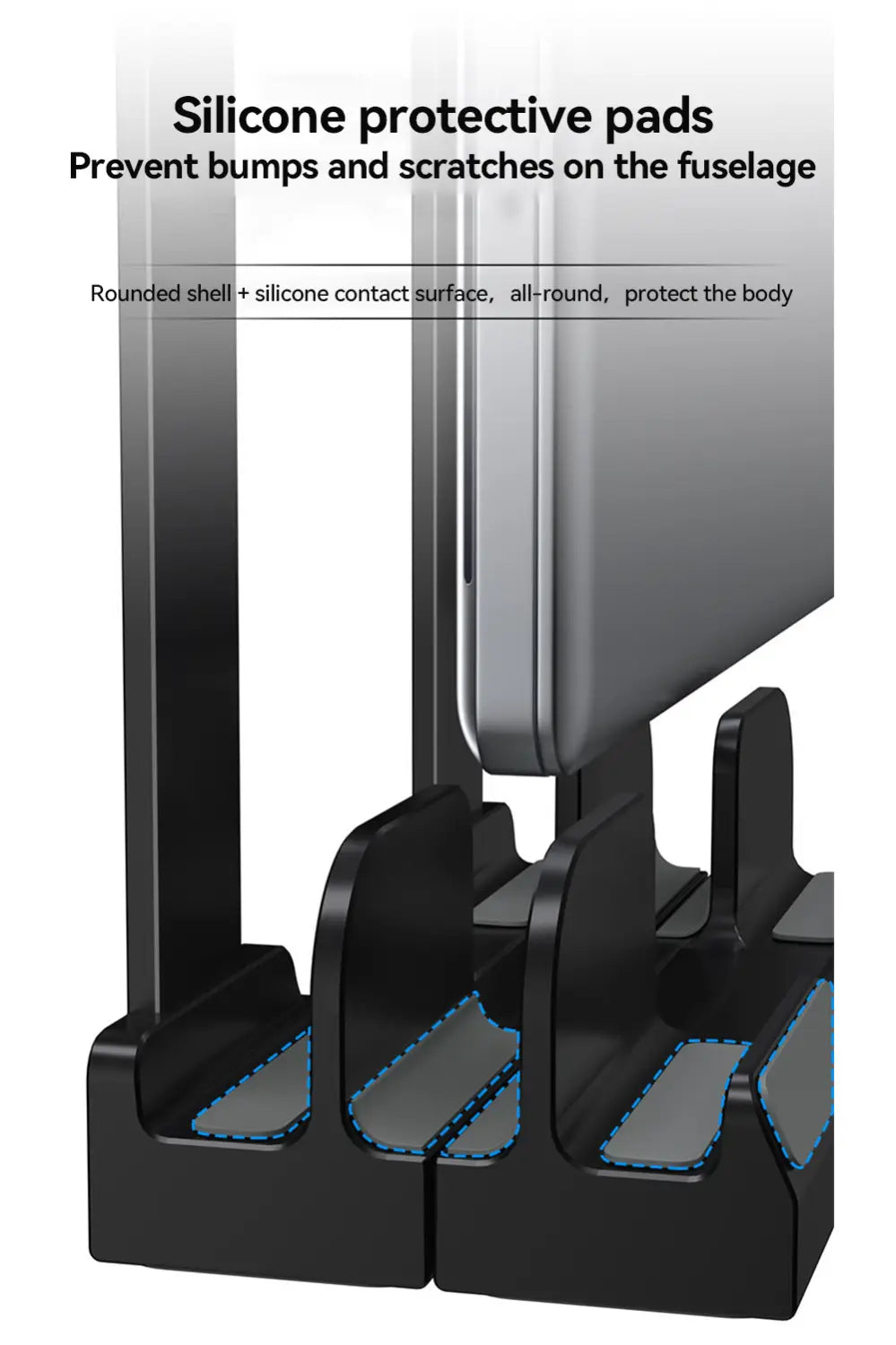schwarze Silikon-Schutzpolster mit rundem Schalen-Design und blau abgesetzten Nähten für besseren Halt und zusätzlichen Schutz am verstellbaren vertikalen Laptopständer und -halter