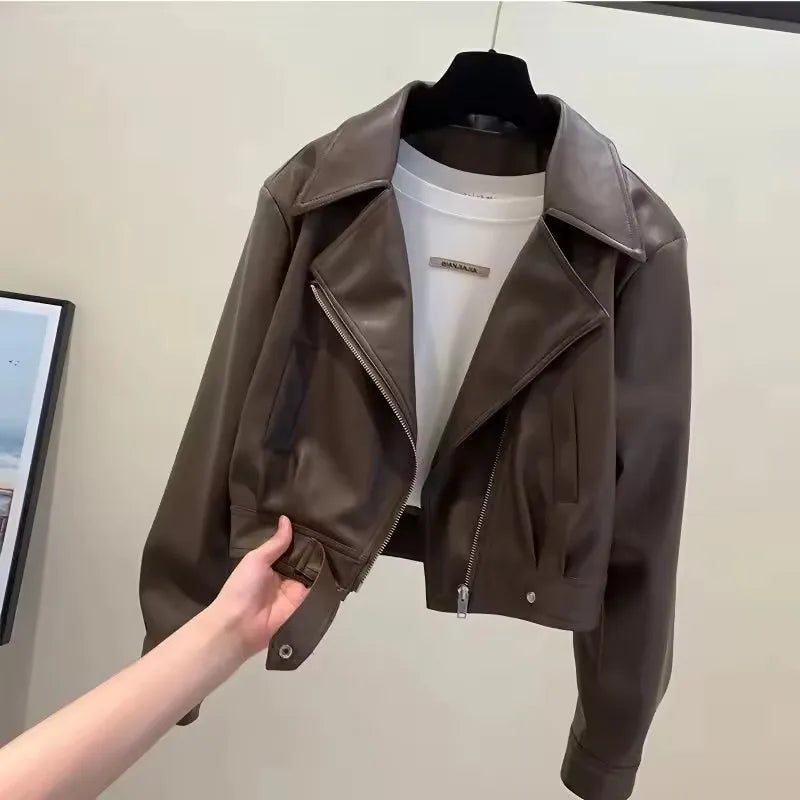 Fashion Leather Jacket Women Coat 2025 Autumn New Temperament Lapel  Short PU Leather Versatile Outwear Female