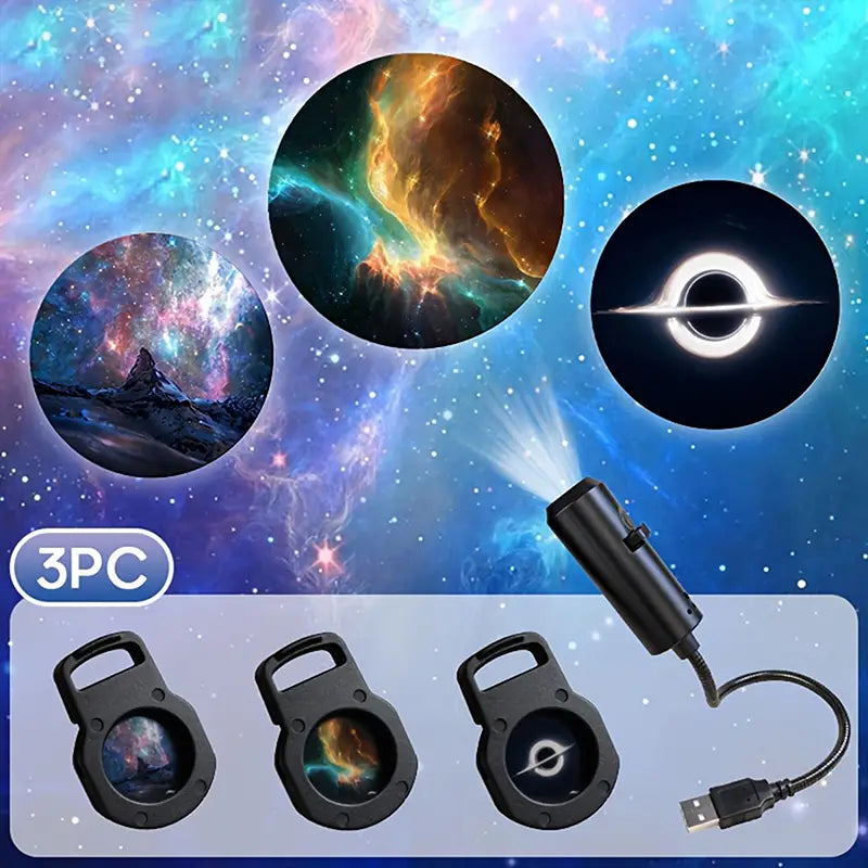 black usb-powered led galaxy projection lamp with three interchangeable cosmic-themed lens inserts and 10 slides for decorative lighting