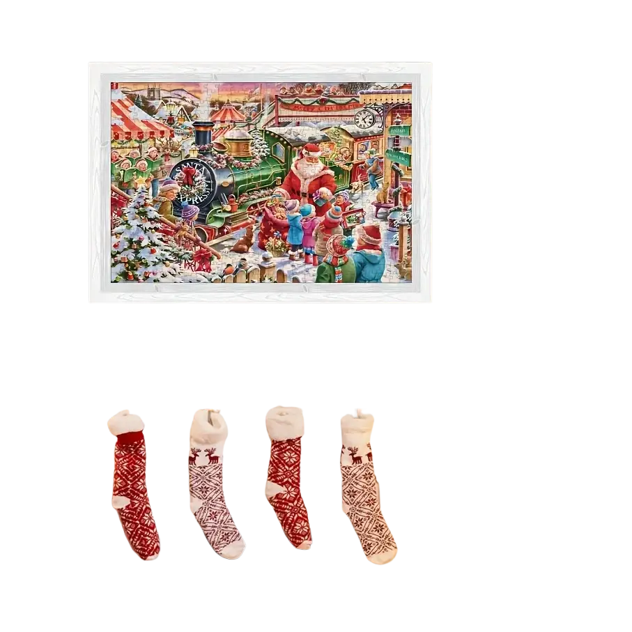 A framed 1000pcs christmas advent calendar jigsaw puzzle showing santa and children by a green train in a snowy village
