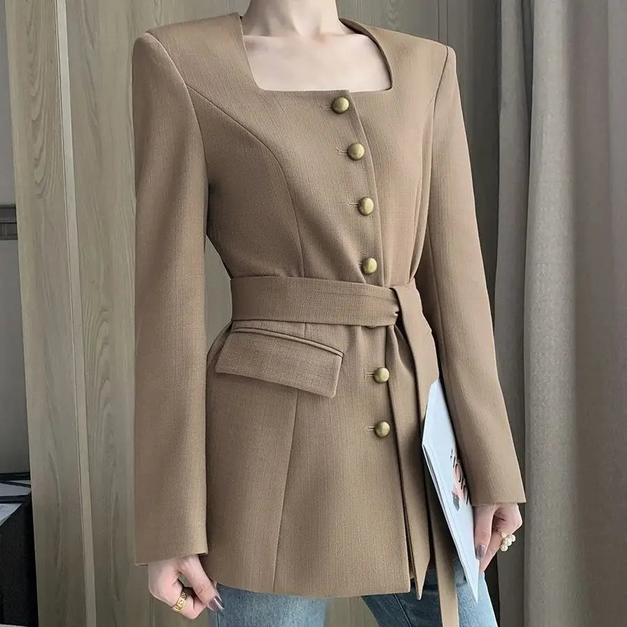Women's Blazer 2025 Spring and Autumn New Style High-end Elegant Waist-cinching Square Collar Small Blazer