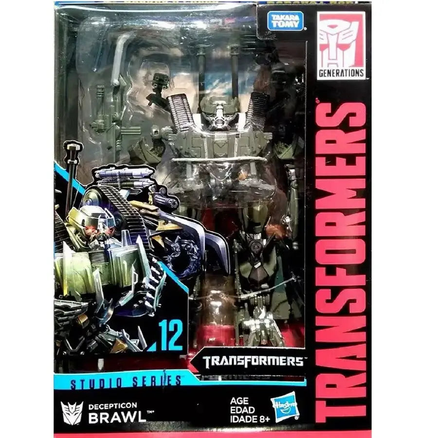 La figurina de acción de Brawl de Decepticon de productos terminados de Transformers de la serie Studio Series presenta un diseño con armadura verde y negra y se entrega empaquetada con el logotipo de Takara Tomy.