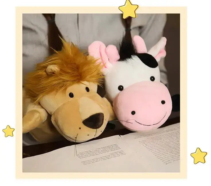 Soft plush lion and cow toys hand finger puppets with embroidered facial features in tan fur with a golden mane and white with black spots pink ears designed as educational baby toys including lion elephant bunny characters.