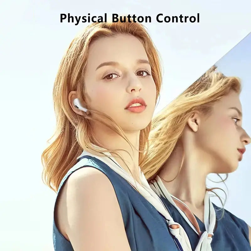 true buds5 wireless bluetooth earbuds in white featuring physical button control for hifi stereo audio playback.
