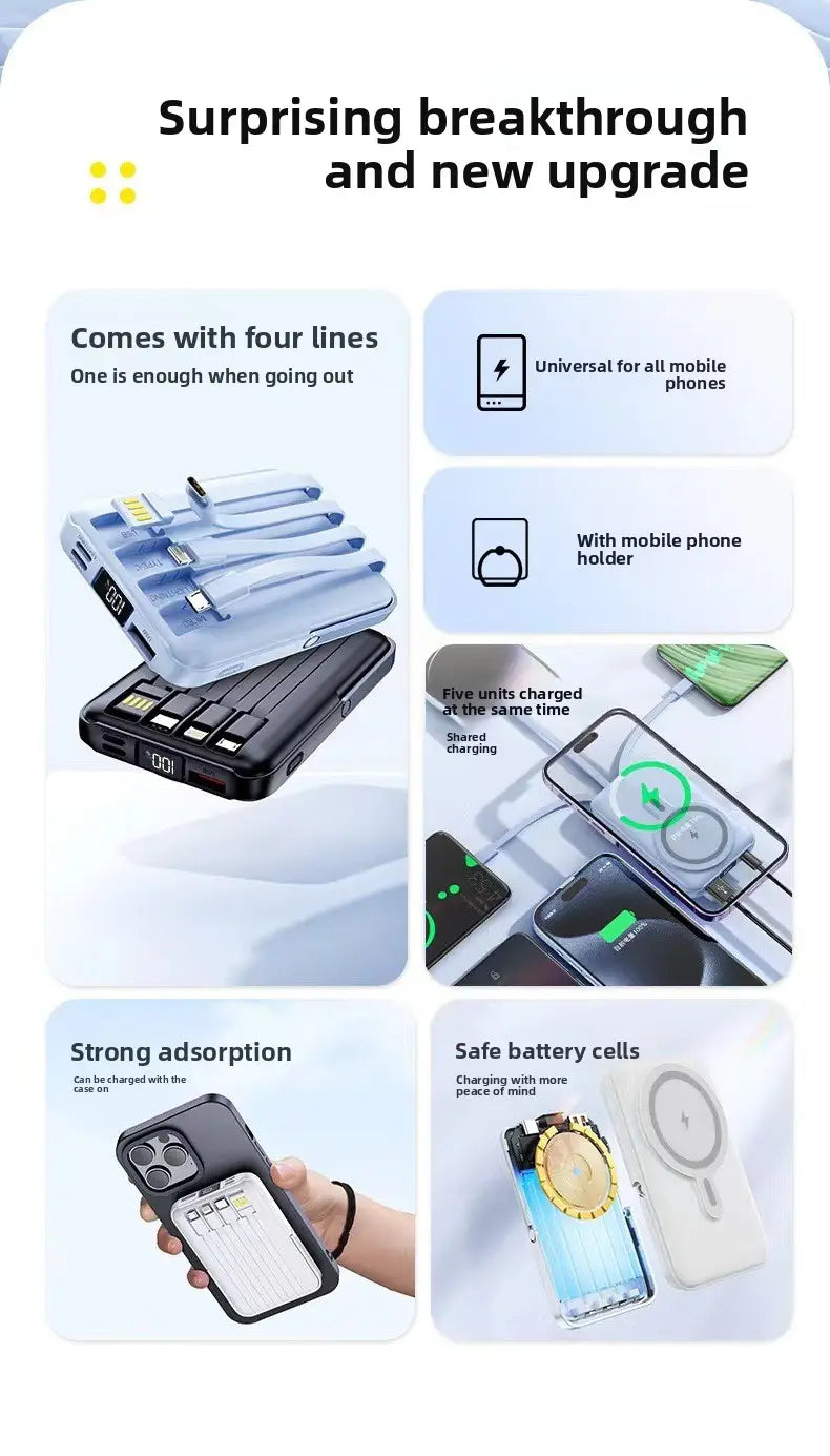 Cargador inalámbrico y banco de energía multifunción negro y plateado con conexión magnética y soporte para la función de banco de energía de carga rápida.